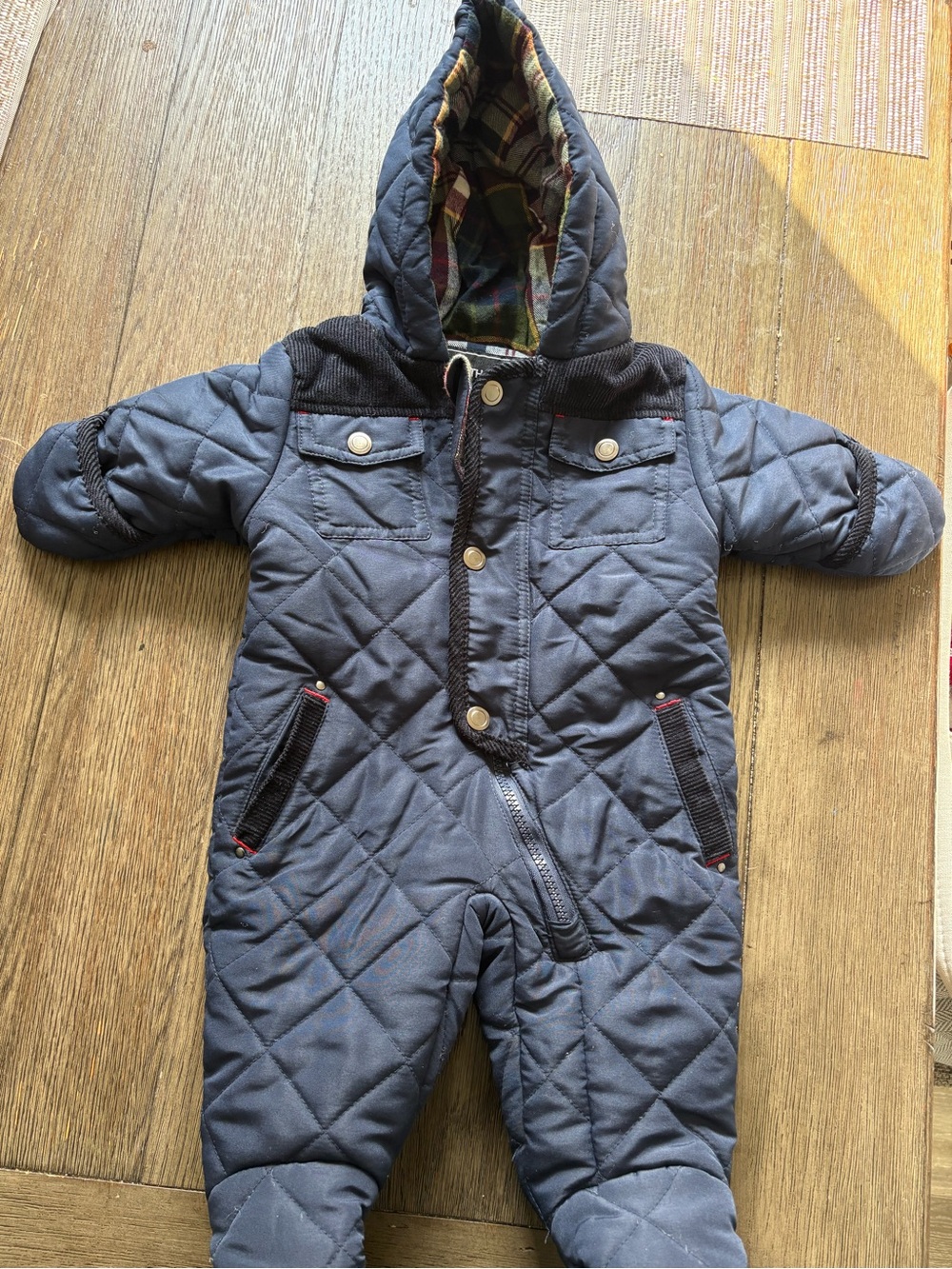 Rothschild Baby Boys Navy Blue Quilted Lined Hooded Pram Snowsuit Size 3/6M